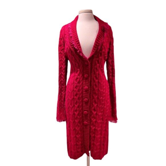 Betsey Johnson BLACK LABEL VIntage Y2K Red Rose Pink Sweater Duster Coat Dress - Picture 1 of 10